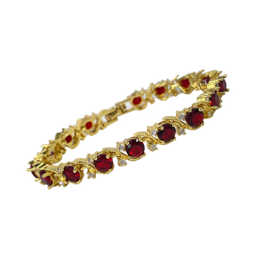 Stunning Yellow Gold Finish Red Ruby Tennis Bracelet – Elegant Twist Design
