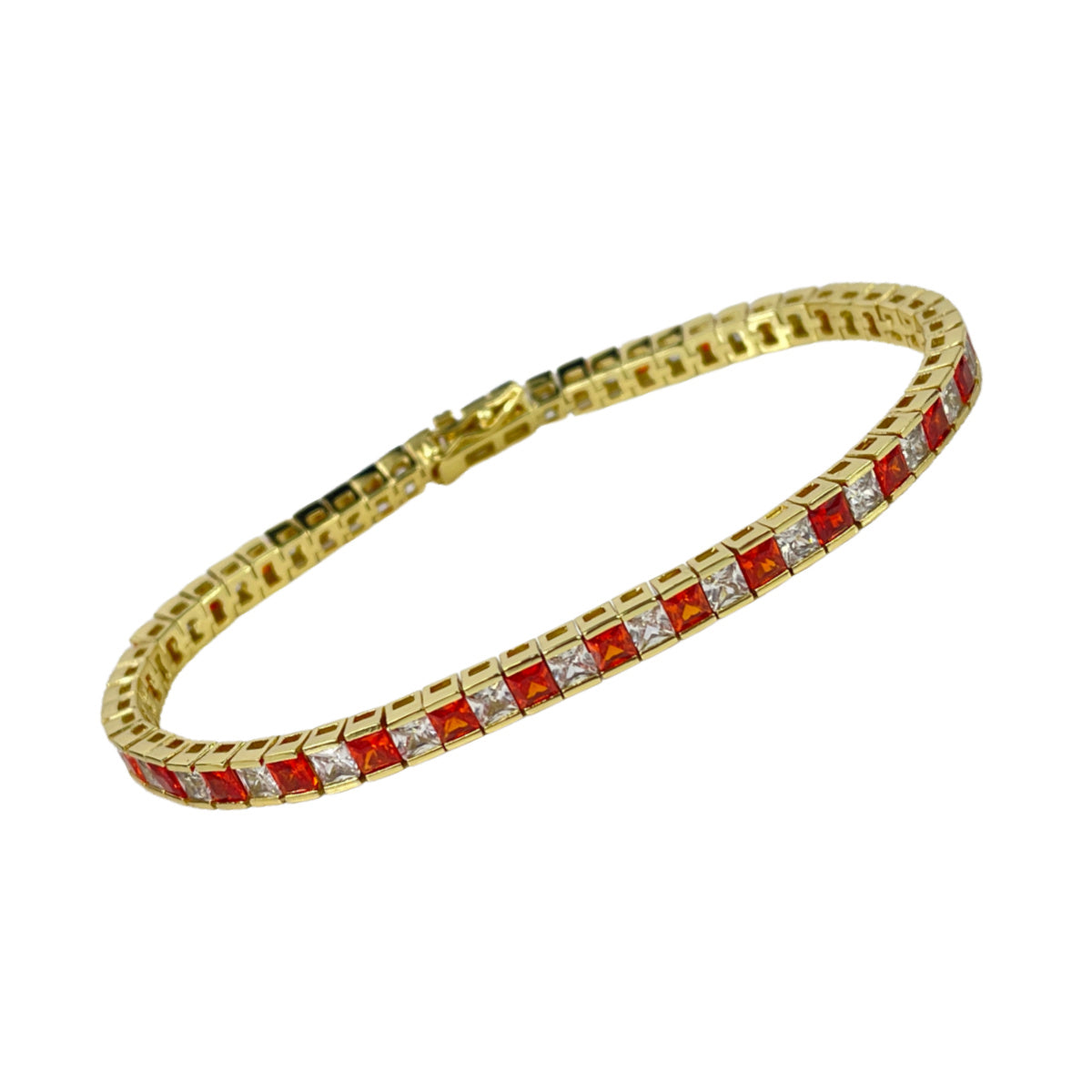 Yellow Gold Finish Created Diamond Red Ruby Princess Cut Tennis Bracelet