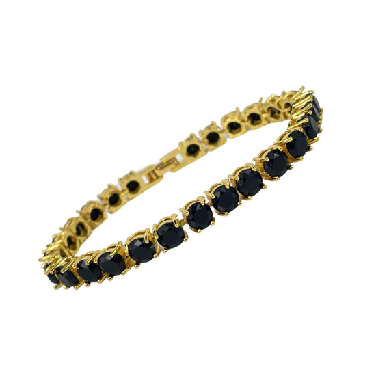 Elegant Yellow Gold Finish Black Onyx & Created Diamond Tennis Bracelet – Timeless Luxury