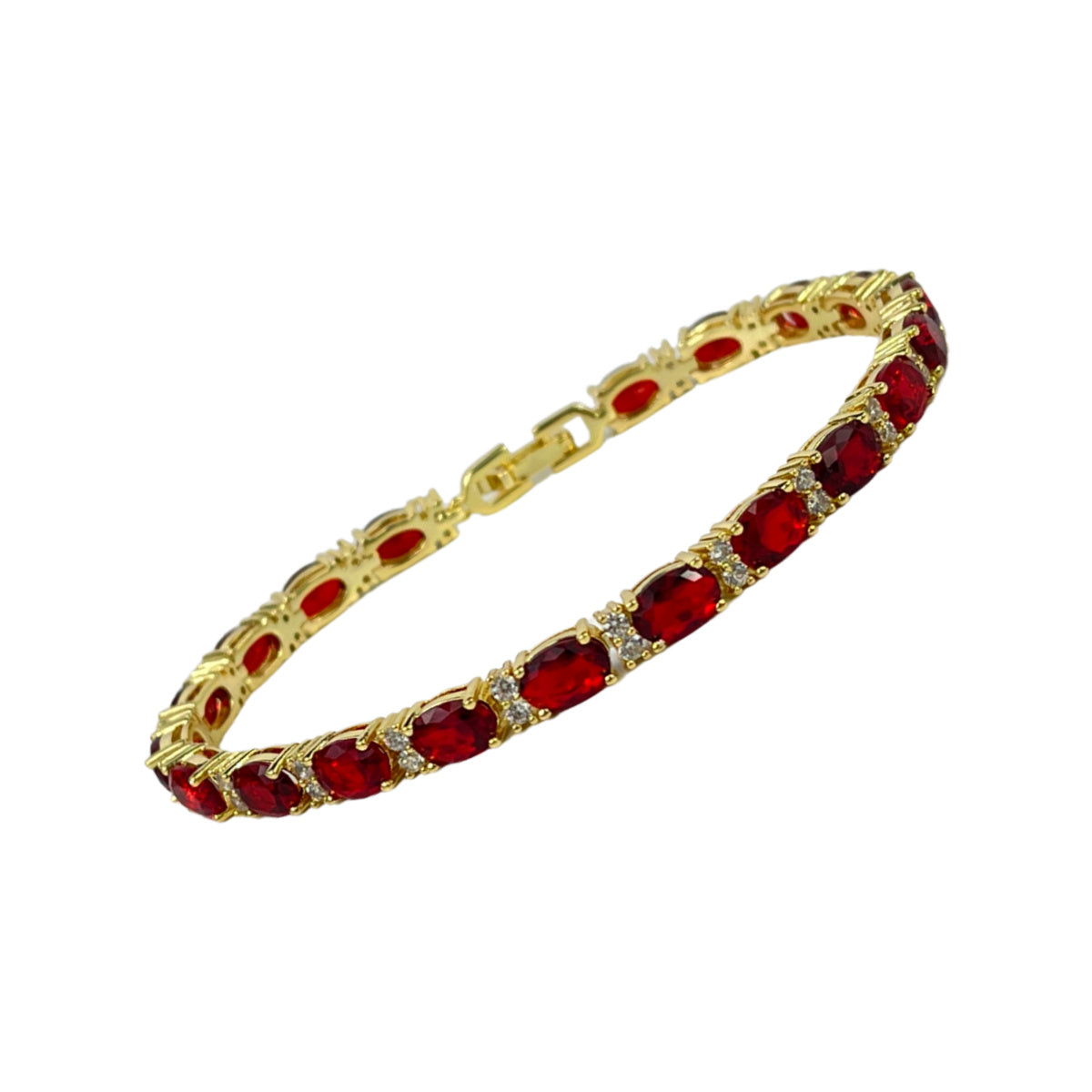 Yellow gold finish red ruby and created diamond tennis bracelet