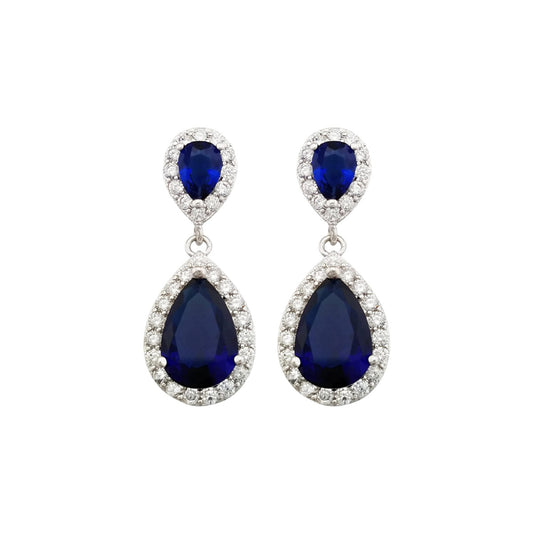 Elegance – White Gold Finish Cluster Royal Blue Created Diamond Teardrop Dangle Earrings