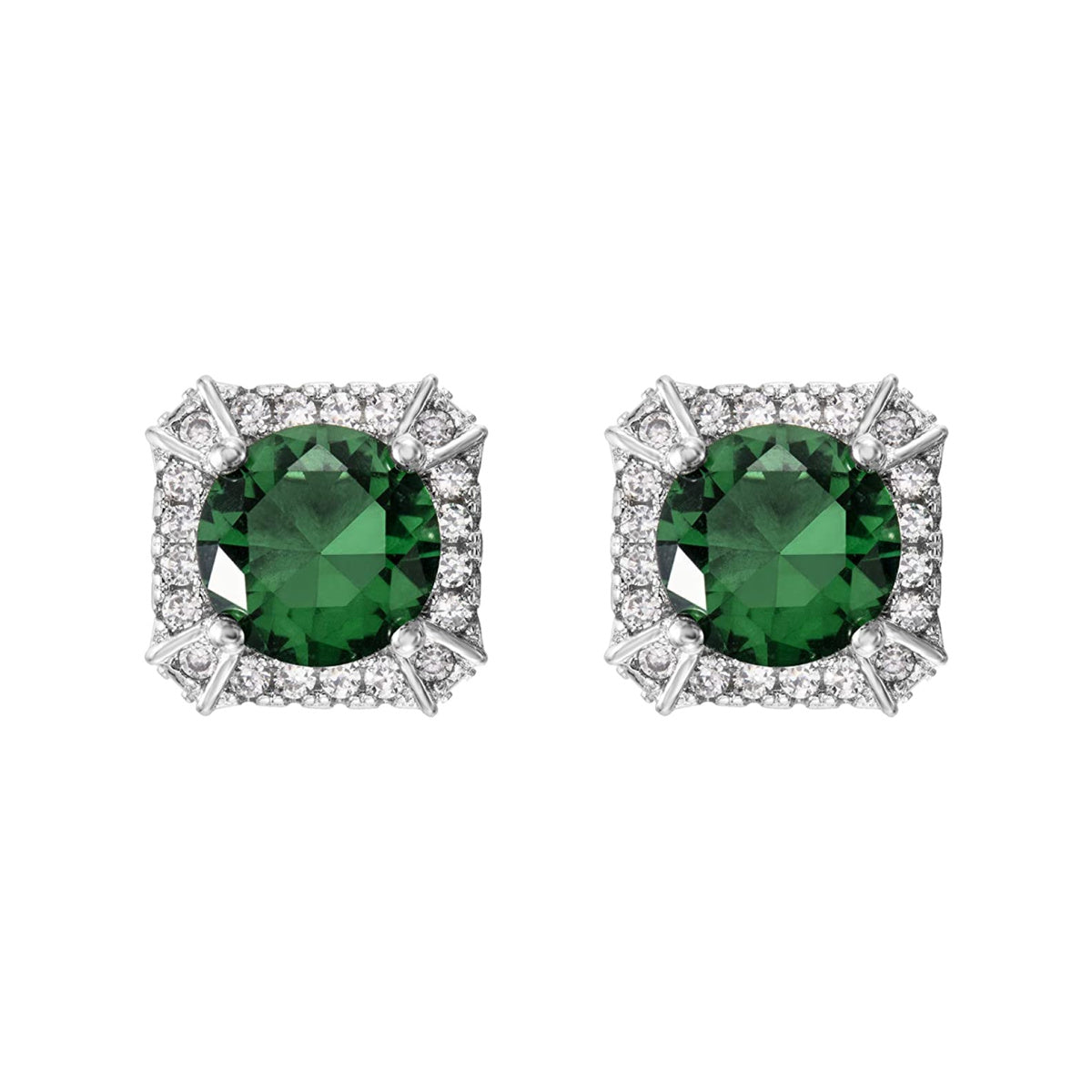 White Gold Finish Created Diamond & Emerald Green Round and Square Cut Earrings