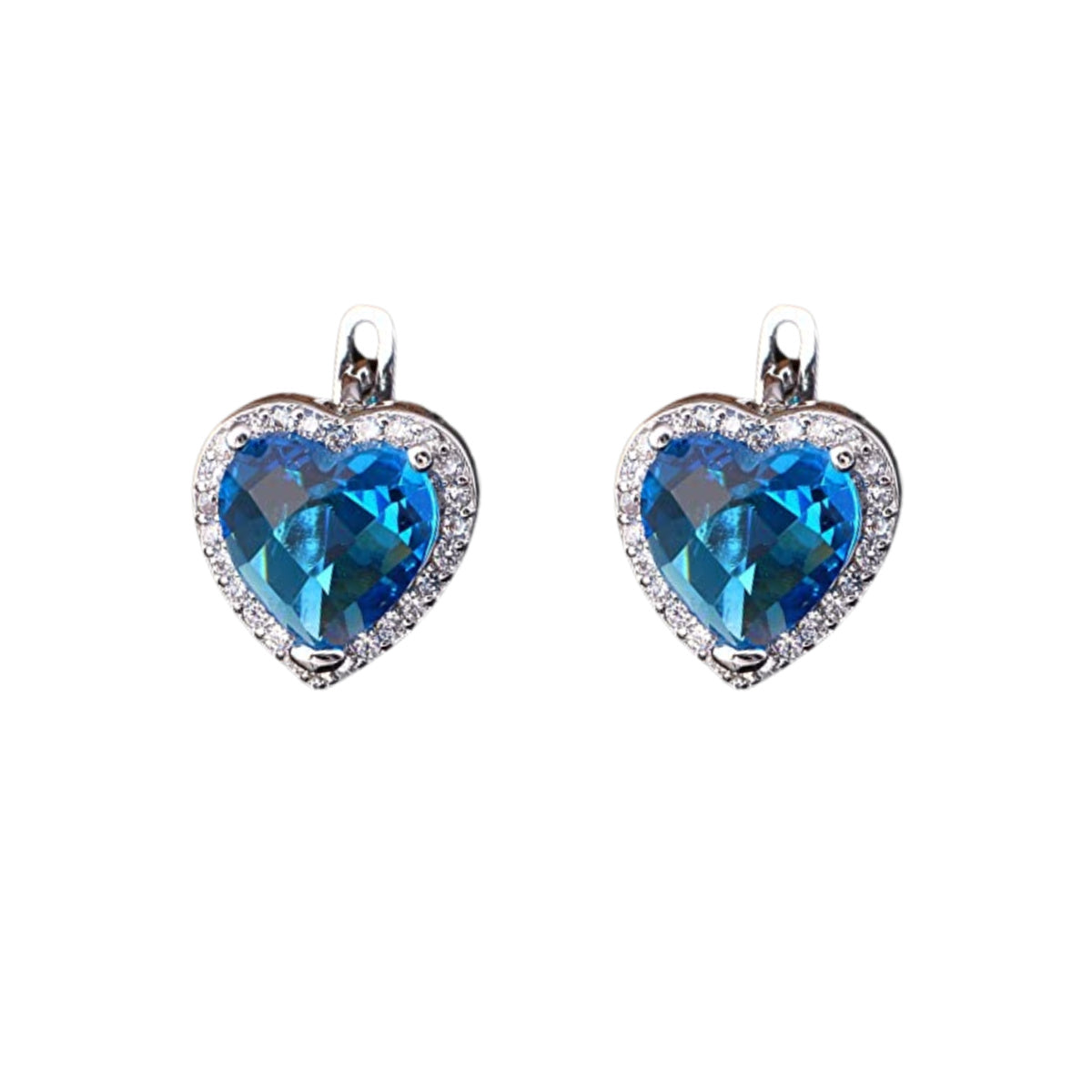 White Gold Finish Created Diamond Blue Topaz Heart Cut Lever back Stud Earrings