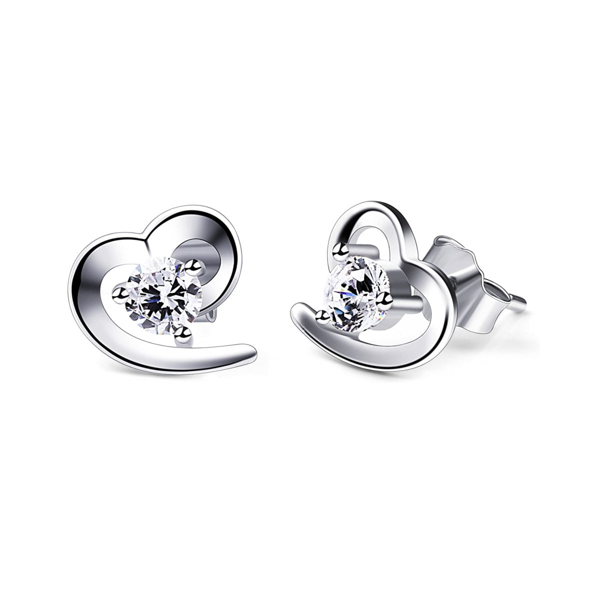 Amour – 925 Sterling Silver Love Heart With Centred Created Diamond Studs Earrings