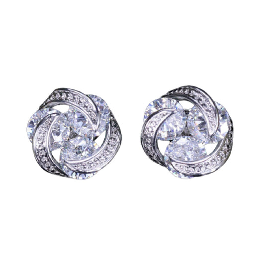 WHITE GOLD FINISH 3 Stone Swirl Created Diamond Stud Earrings