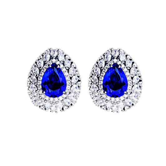 WHITE GOLD FINISH Blue Sapphire Pear Cut Cluster Created Diamond Big Stud Earrings