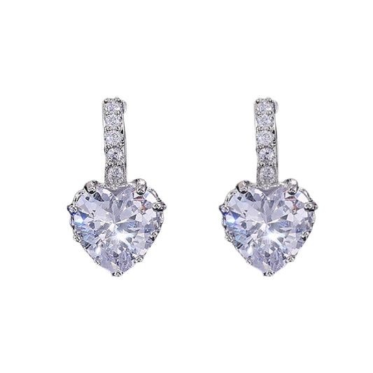 WHITE GOLD FINISH Clear Heart Cut Created Diamond Dangle Earrings