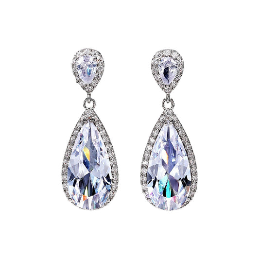 WHITE GOLD FINISH Created Diamond Pear Cut Clear Dangle Earrings