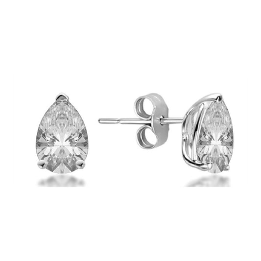 White Gold Finish Created Diamond Pear Cut Tear Drop 3 Claw Stud Earrings
