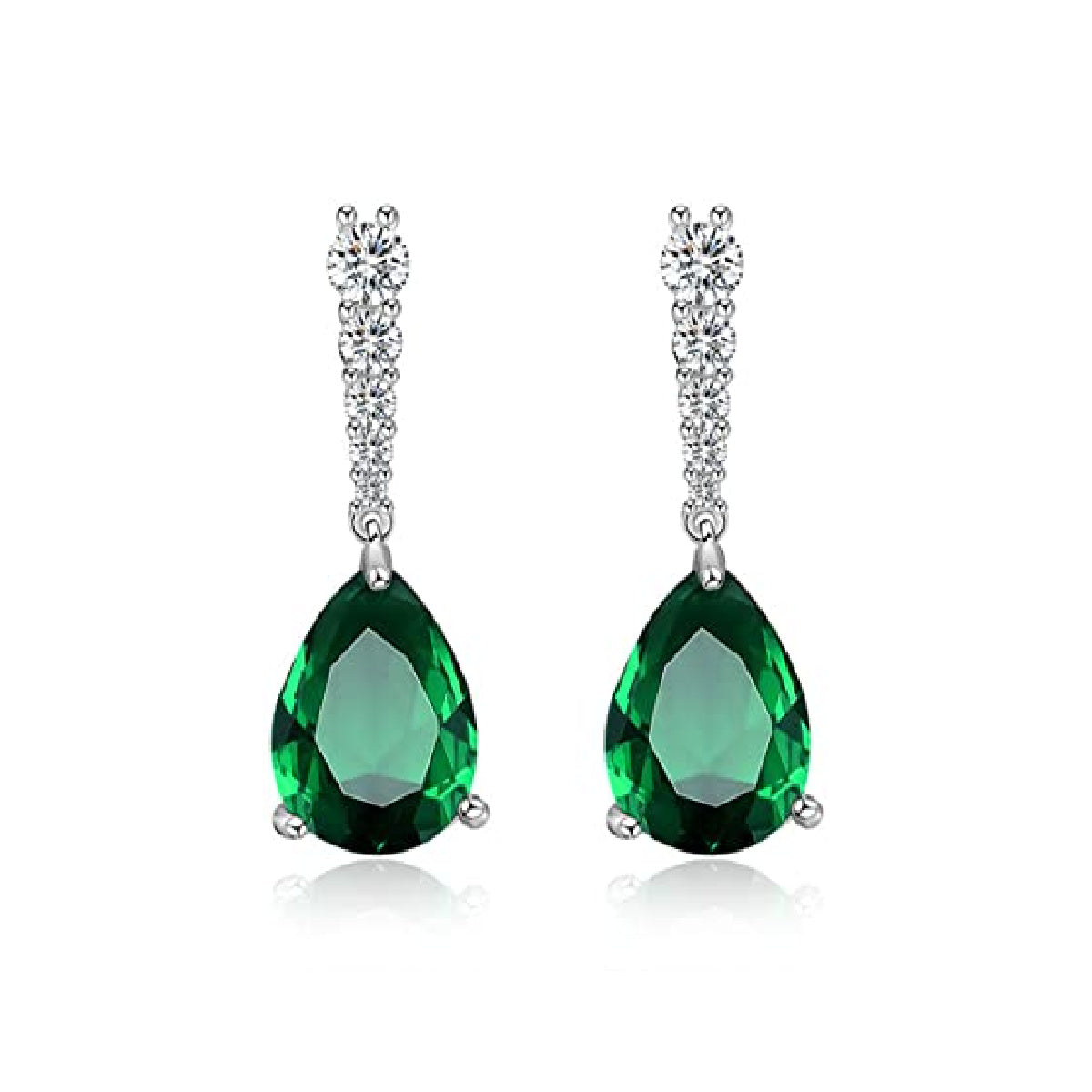 White gold finish Green Emerald And Created diamond Pear cut Droplet earrings