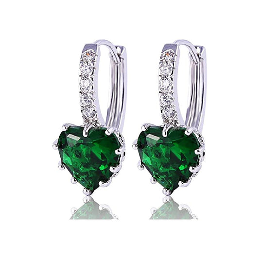 WHITE GOLD FINISH Green Emerald Heart Cut Created Diamond Dangle Earrings