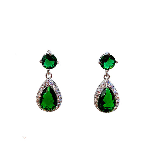 WHITE GOLD FINISH Green Emerald Created Diamond Pear Cut Stud Dangle Earrings