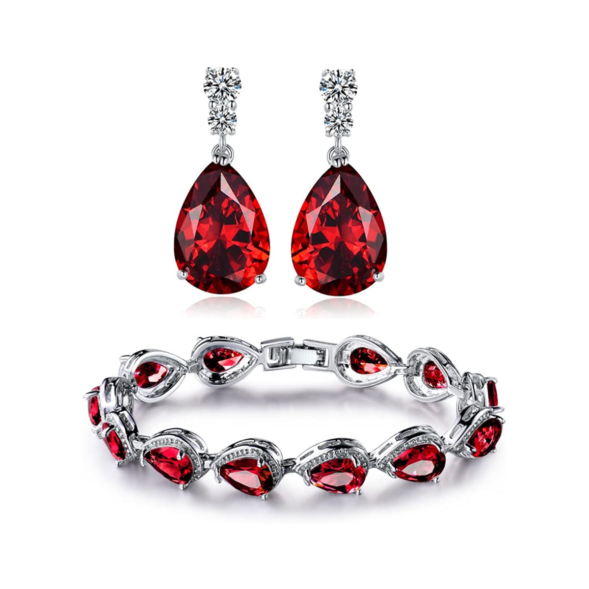 Classic Pearcut – White Gold Finish Red Ruby Created Diamond Teardrop Party Earrings + Bracelet