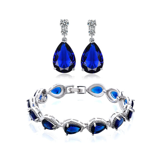 White Gold Finish Sapphire Created Diamond Teardrop Party Earrings and Bracelet