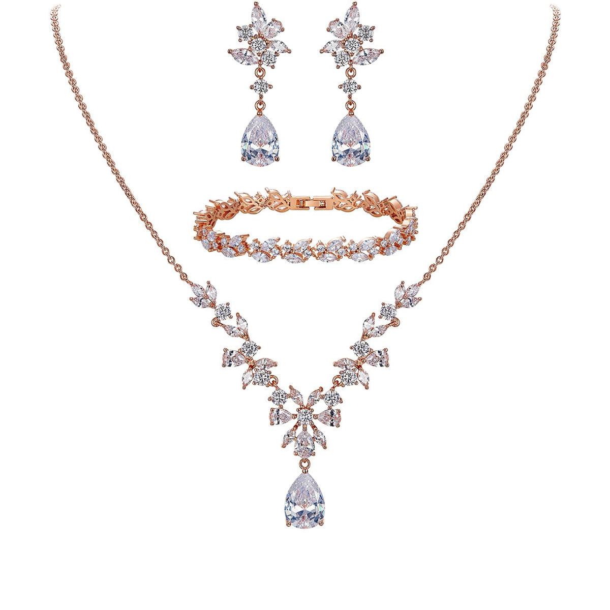 SULTANA – Rose Gold Finish Created Diamond Clear White Chandelier Jewellery set (Marquees/pear cut frost theme)