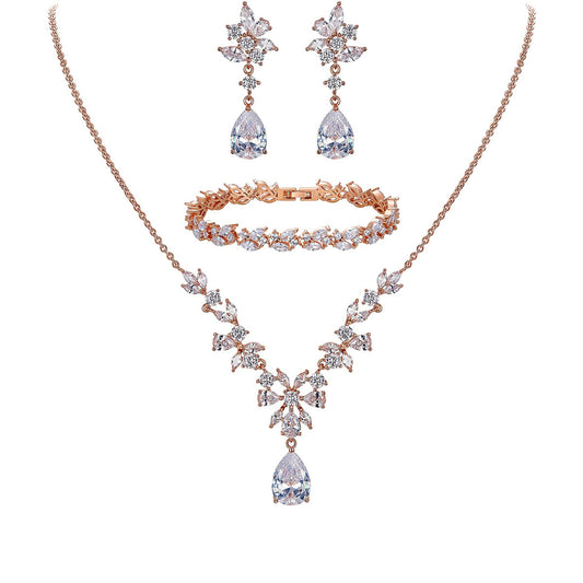 SULTANA – Rose Gold Finish Created Diamond Clear White Chandelier Jewellery set (Marquees/pear cut frost theme)