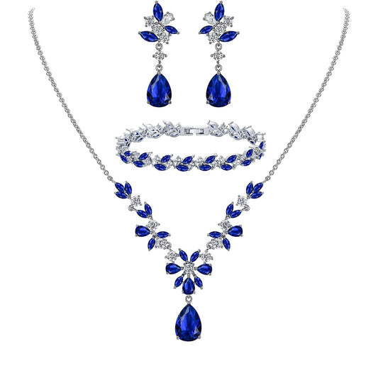 SULTANA – White Gold Finish Created Diamond Blue Chandelier Jewellery set (Marquees/pear cut frost theme)