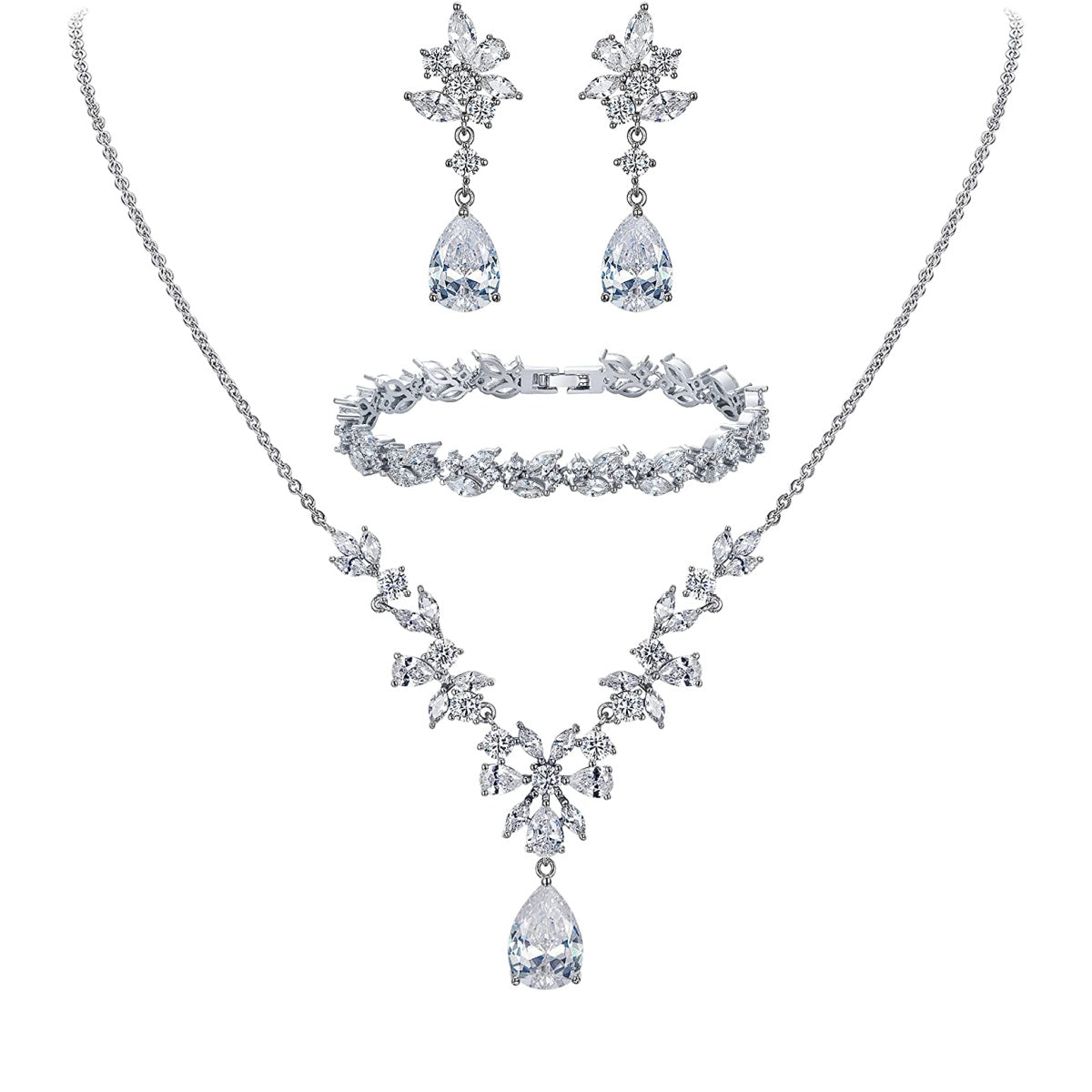 SULTANA – White Gold Finish Created Diamond Clear White Chandelier Jewellery set (Marquees/pear cut frost theme)