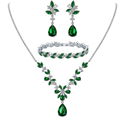 SULTANA – White Gold Finish Created Diamond Green Chandelier Jewellery set (Marquees/pear cut frost theme)