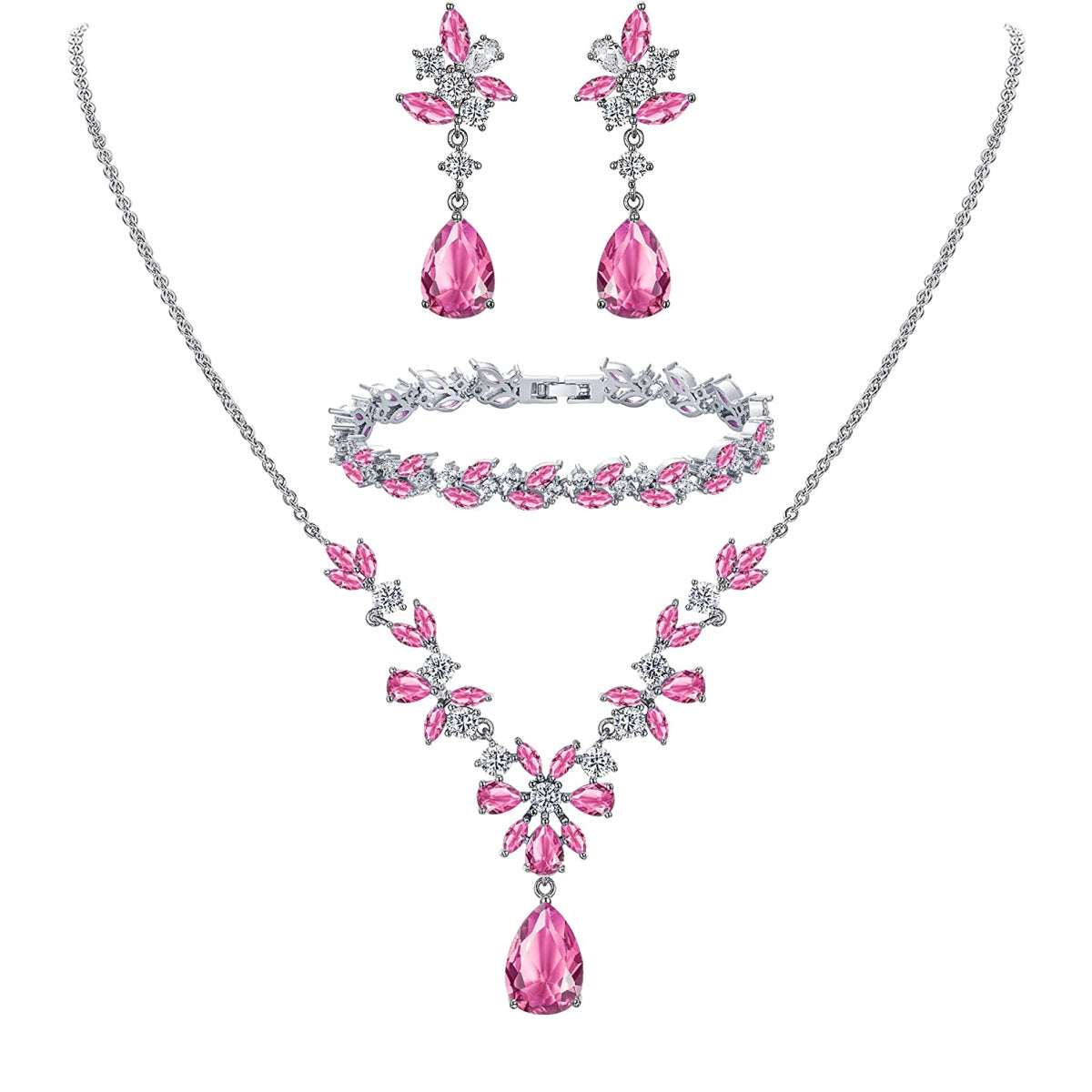 SULTANA – White Gold Finish Created Diamond Pink Chandelier Jewellery set (Marquees/pear cut frost theme)