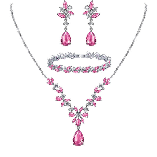 SULTANA – White Gold Finish Created Diamond Pink Chandelier Jewellery set (Marquees/pear cut frost theme)