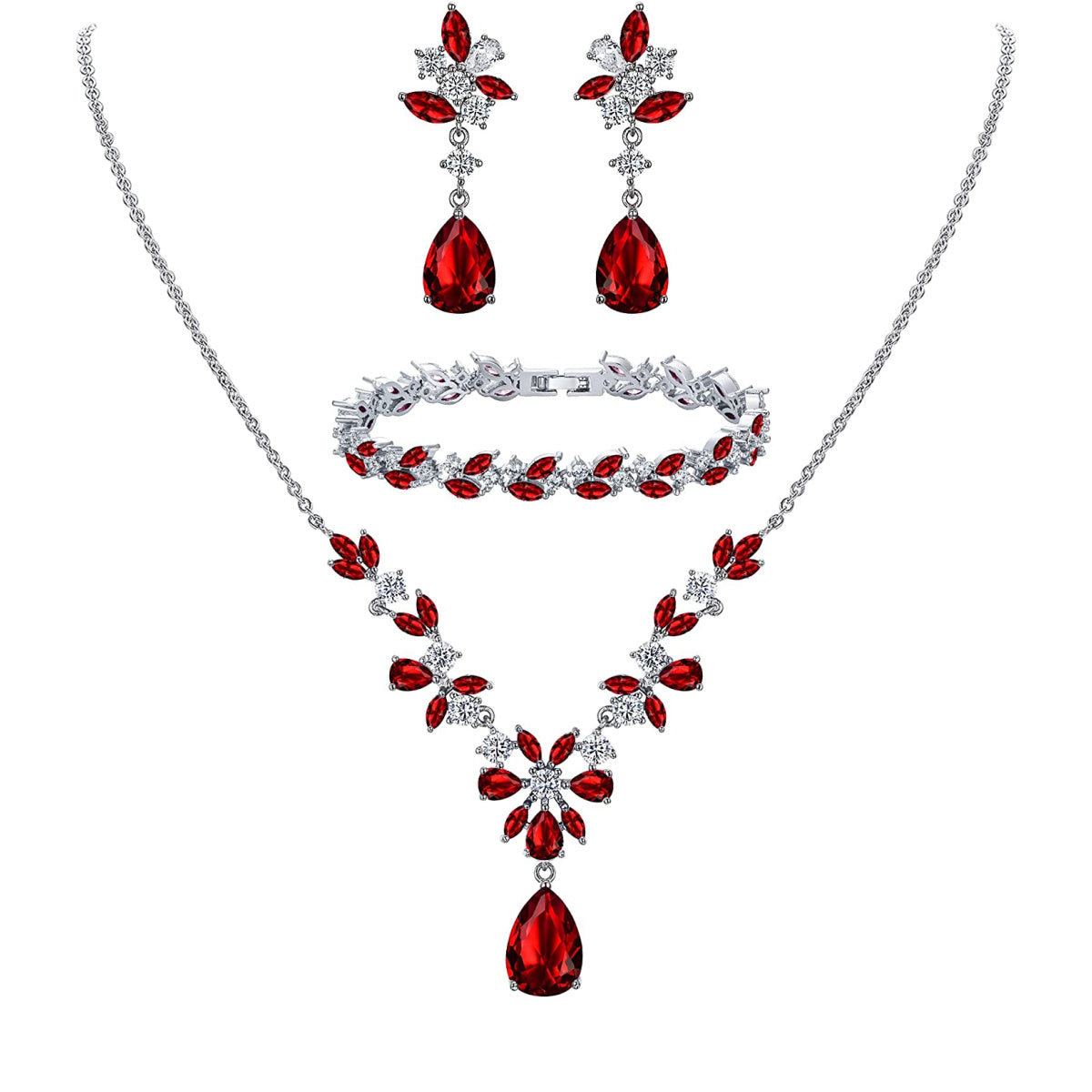 SULTANA – White Gold Finish Created Diamond Red Chandelier Jewellery set (Marquees/pear cut frost theme)