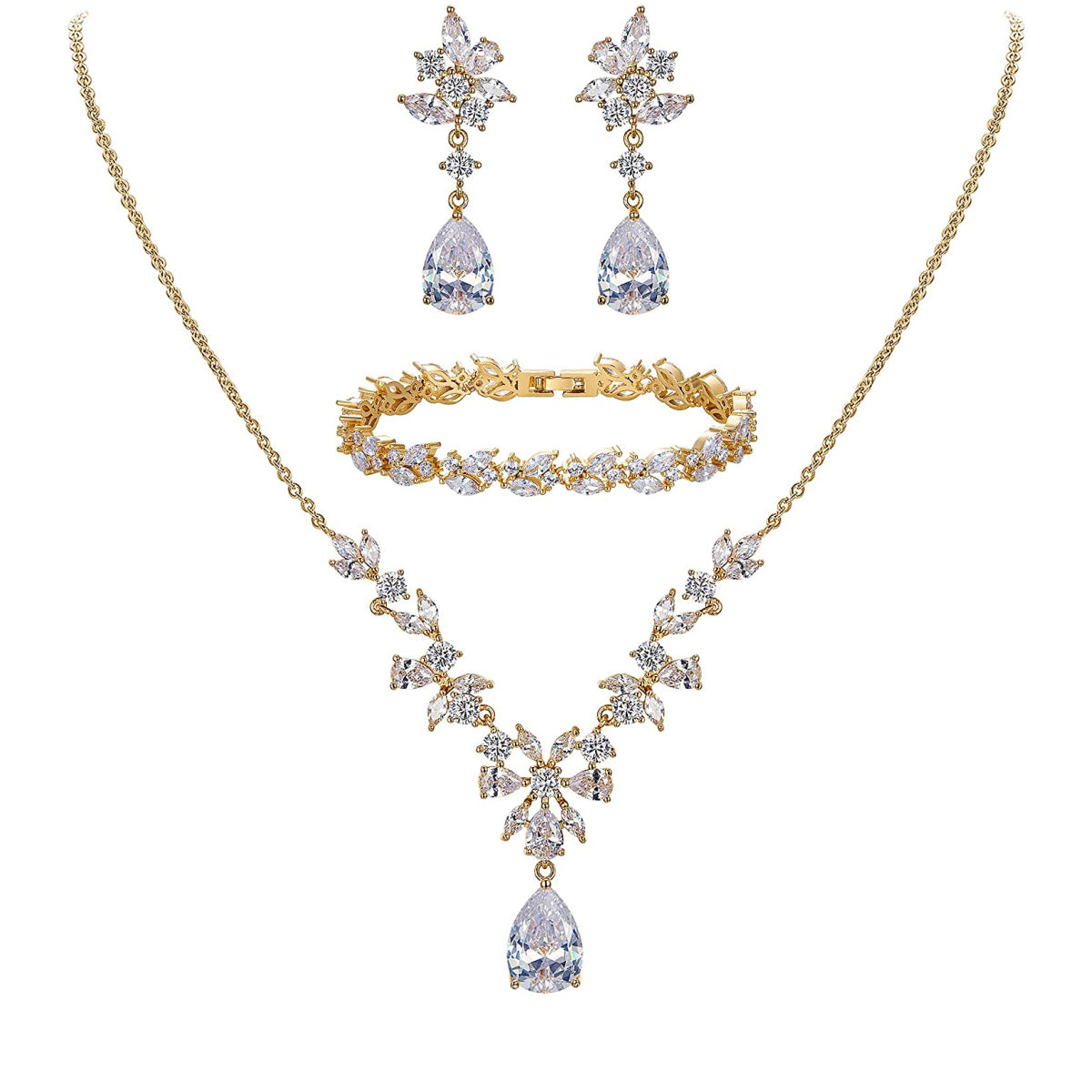 SULTANA – Yellow Gold Finish Created Diamond Clear White Chandelier Jewellery set (Marquees/pear cut frost theme)