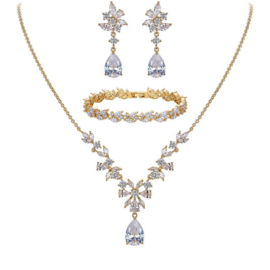 SULTANA – Yellow Gold Finish Created Diamond Clear White Chandelier Jewellery set (Marquees/pear cut frost theme)