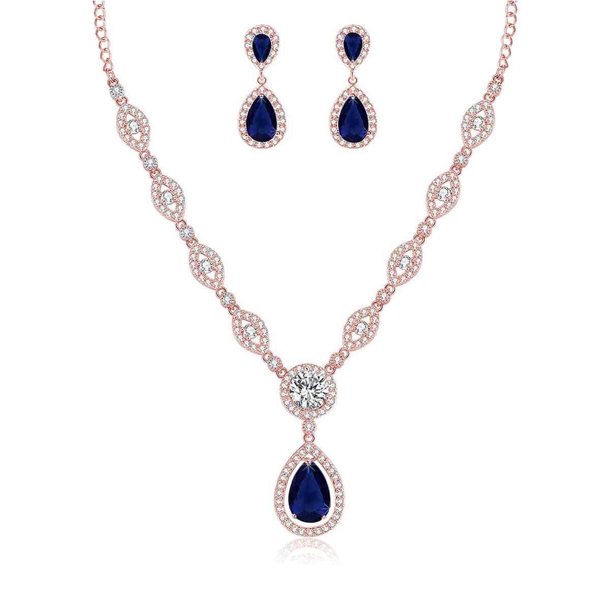 Sultana Rose Gold Women’s Party Blue Jewellery Set Earrings and Necklace