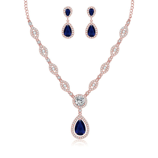 Sultana Rose Gold Women’s Party Blue Jewellery Set Earrings and Necklace