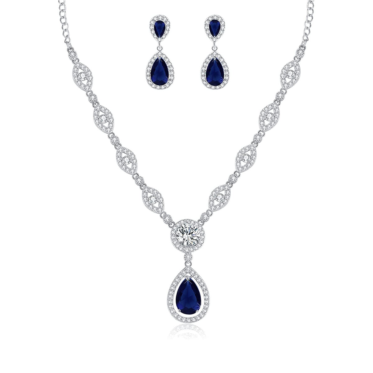 Sultana White Gold Women’s Party Blue Jewellery Set Earrings and Silver Plated Necklace