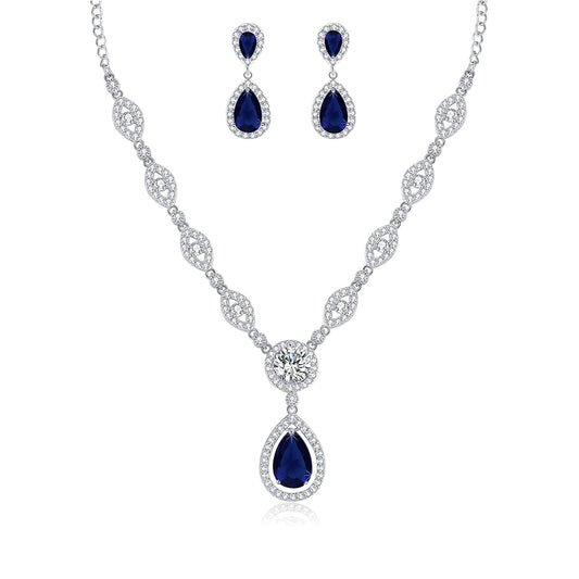 Sultana White Gold Women’s Party Blue Jewellery Set Earrings and Silver Plated Necklace