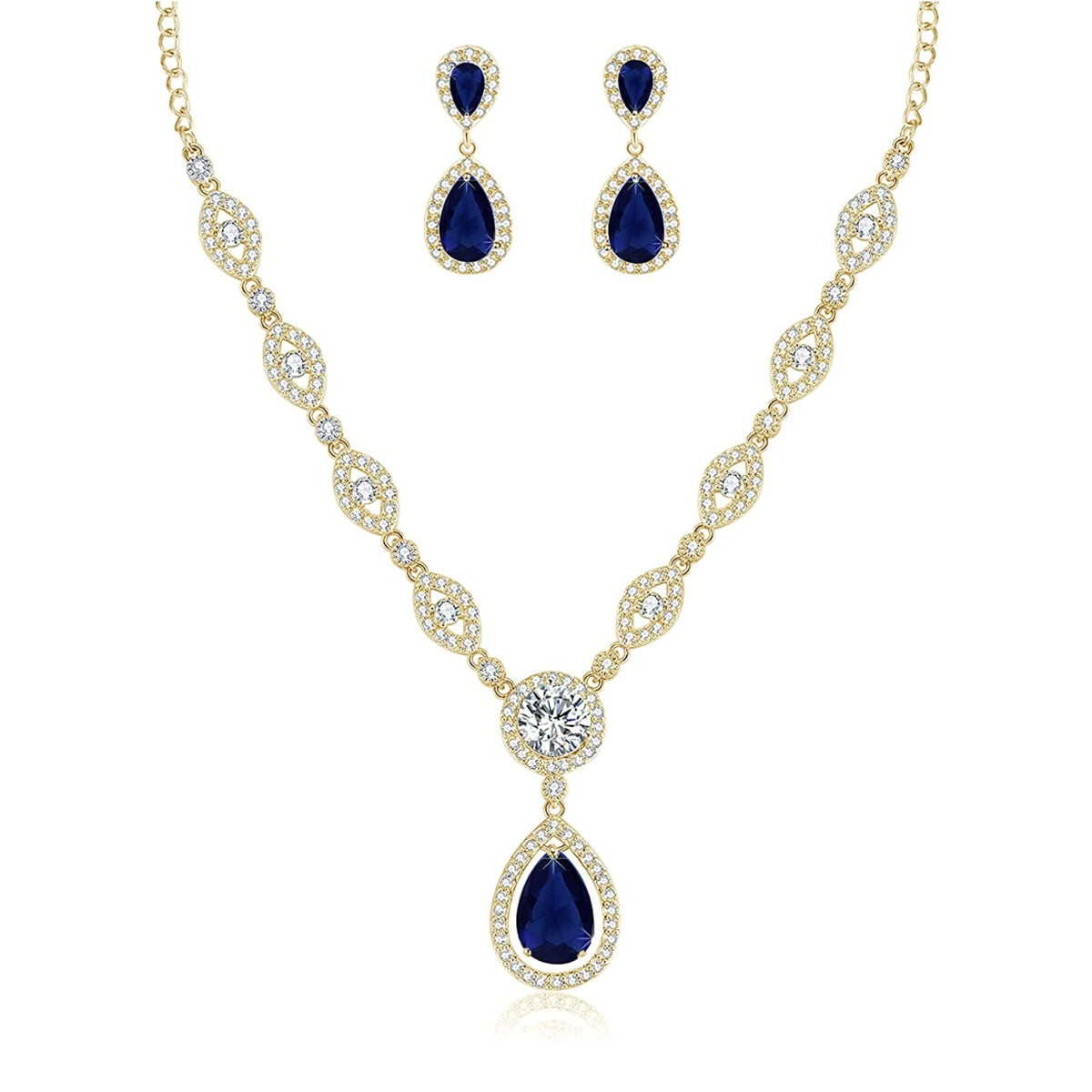 Sultana Yellow Gold Women’s Party Blue Jewellery Set Earrings and Necklace