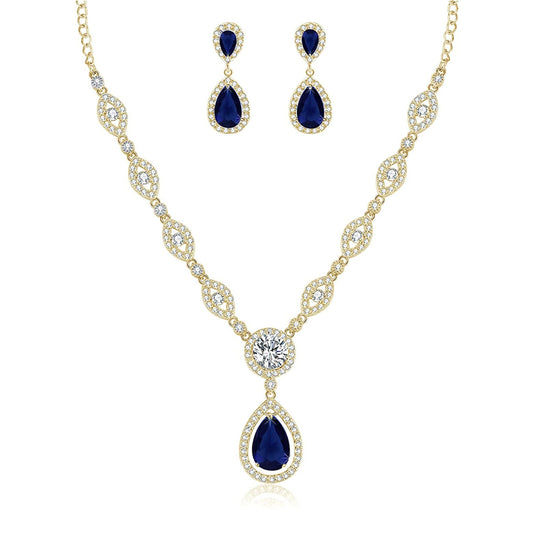 Sultana Yellow Gold Women’s Party Blue Jewellery Set Earrings and Necklace