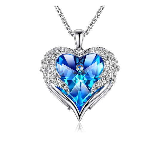 AMOUR – White Gold Finish Blue Heart Created Diamond Angel Wings Necklaces for Women