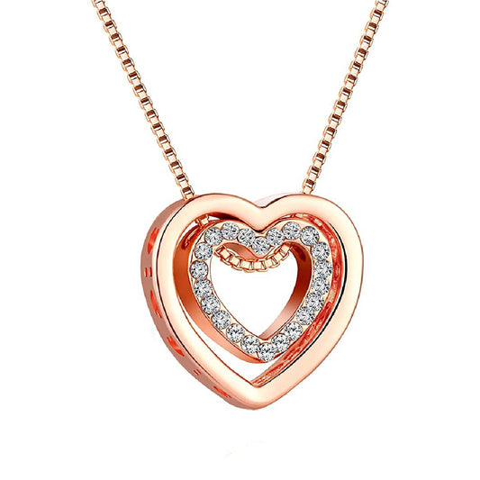 Rose Gold Finish Created Diamond Classic Double Heart Pendant Necklace