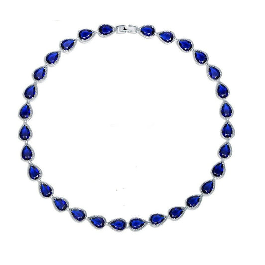 White Gold Finish Blue Sapphire Pear Cut Created Diamonds Necklace