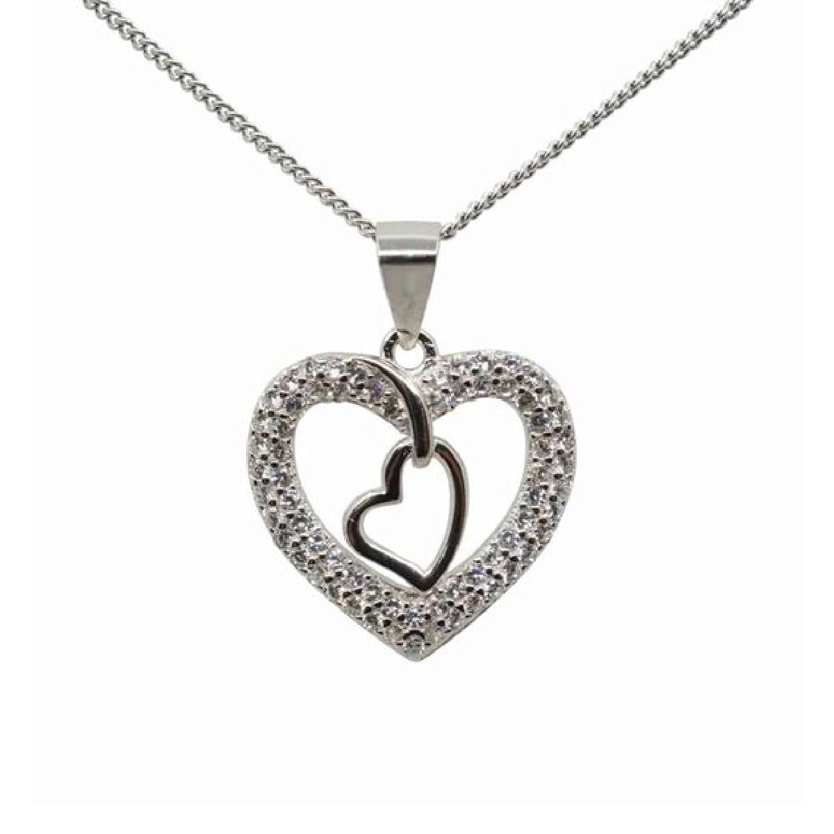 White gold finish created diamond Double Heart Pendant necklace