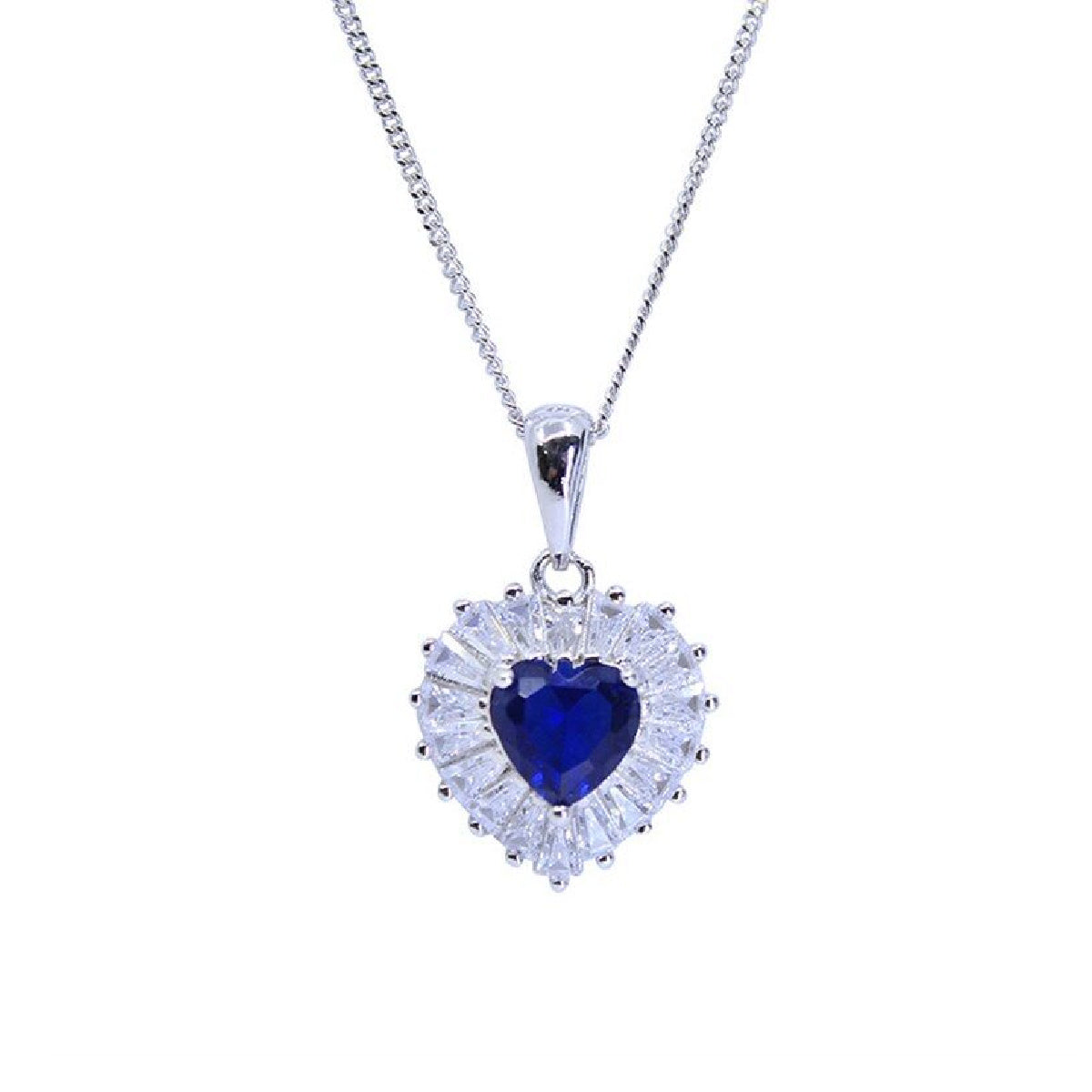 White Gold Finish Created Diamond And Sapphire Heart Cut Pendant Necklace