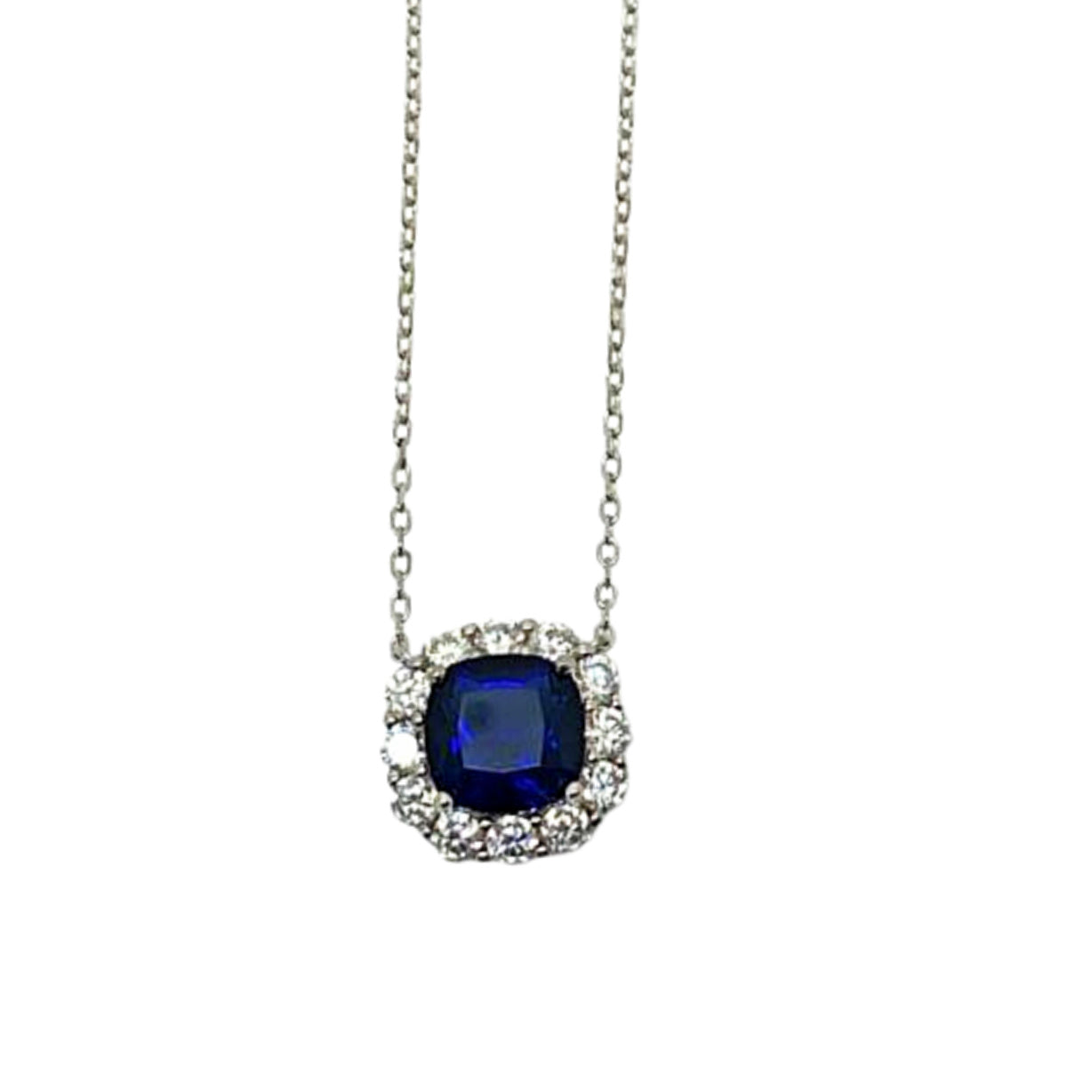 White gold finish Cushion Cut Sapphire And Created Diamond pendant Necklace