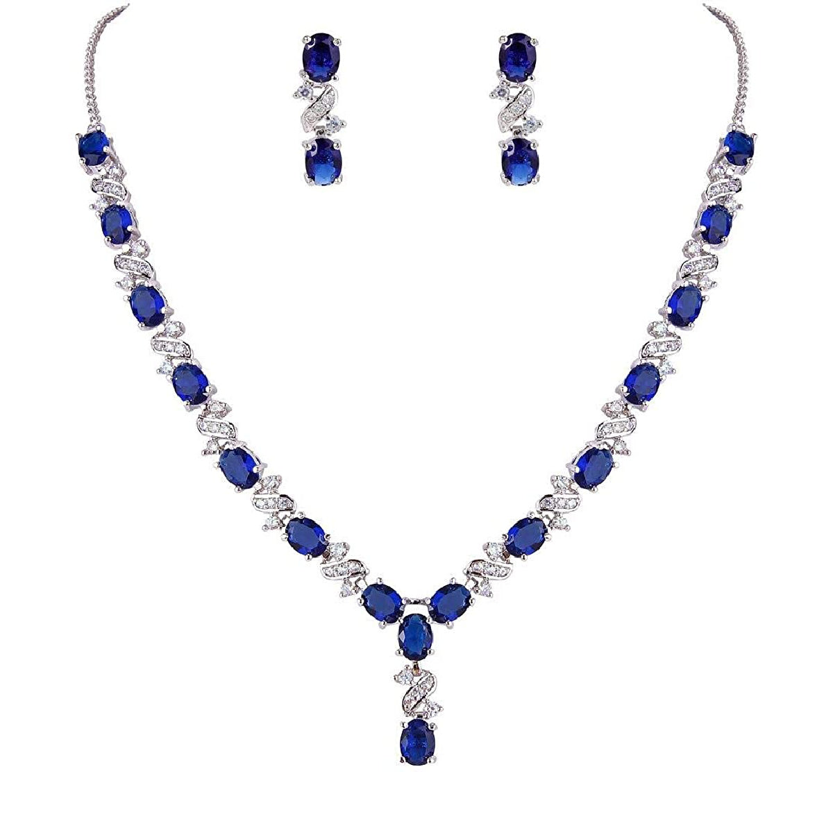 White gold finish Dorchester oval Range blue sapphire designer necklace set