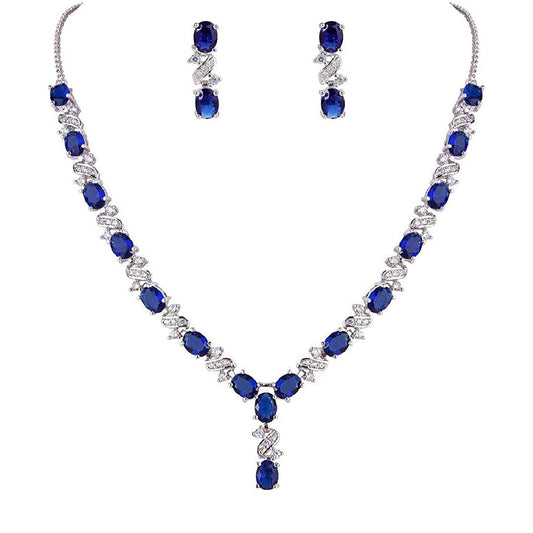 White gold finish Dorchester oval Range blue sapphire designer necklace set