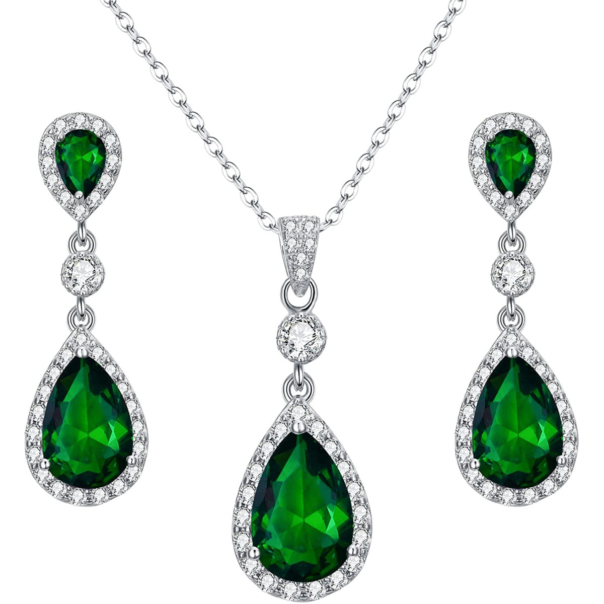 White gold finish Emerald And created diamond pearcut necklace and earrings