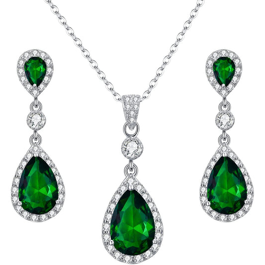 White gold finish Emerald And created diamond pearcut necklace and earrings