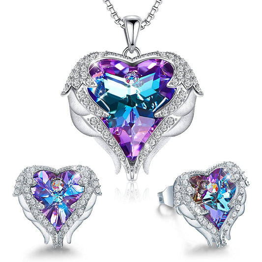 White gold finish heart Angel Multicolour & created diamond necklace & Earrings