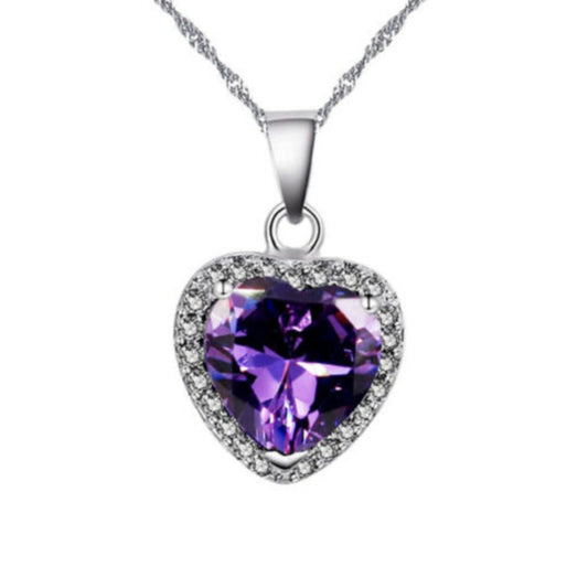 White gold finish heart cut amethyst and created diamond necklace