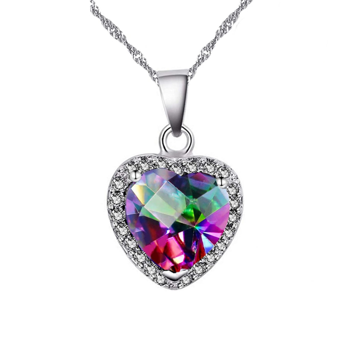 White gold finish heart cut multicolour and created diamond necklace