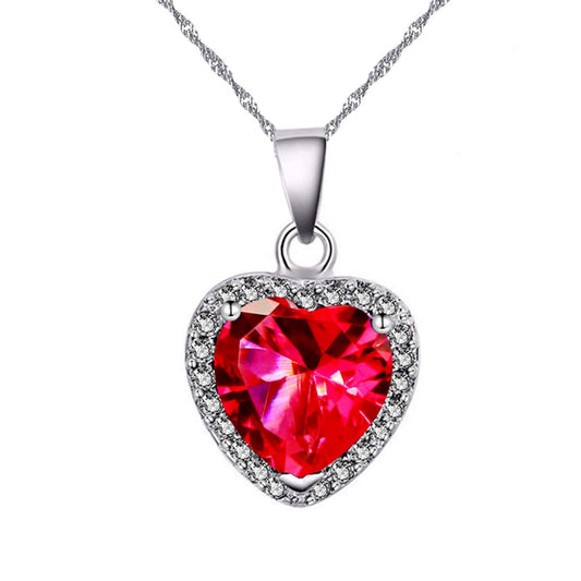 White gold finish heart cut red ruby and created diamond necklace
