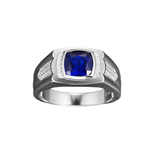 925 Sterling Silver Created Blue Sapphire And Created Diamond Men’s Signet Ring