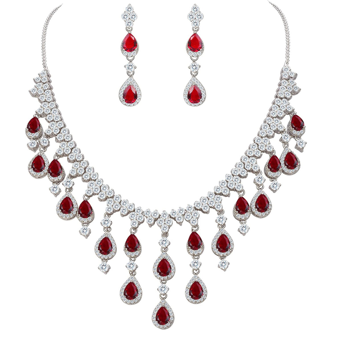 White gold finish pearcut red ruby and created diamond necklace